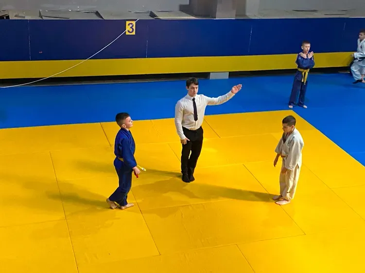 Суддя піднімає руку переможця дзюдо