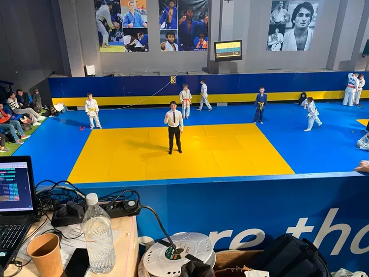 Вид зверху –  татамі в залі під час турніру